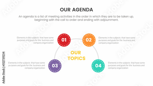 agenda infographic concept for slide presentation with 4 point list and circle center