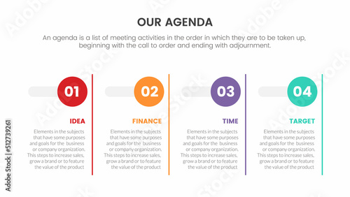 agenda infographic concept for slide presentation with 4 point list and circle box horizontal direction