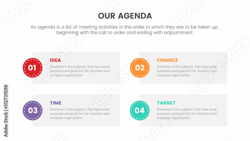 agenda infographic concept for slide presentation with 4 point list and circle box shape