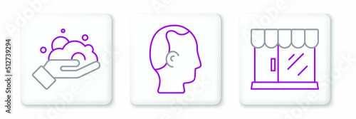 Set line Barbershop building, Shaving foam on hand and Baldness icon. Vector