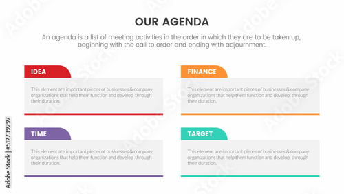 agenda infographic concept for slide presentation with 4 point list and big box horizontal