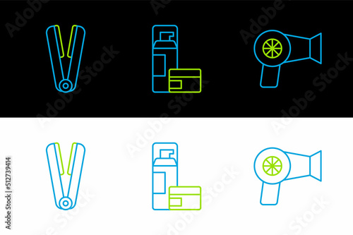 Set line Hair dryer, Curling iron for hair and Shaving gel foam icon. Vector