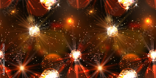 Disco ball with lamps and disco light beams, seamless pattern