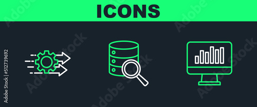 Set line Monitor with graph chart, Time management and Server icon. Vector
