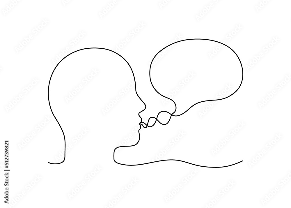 Head man talk with speech bubble outline, conversation person, speak, continuous line drawing. Graphics minimalist linear. Balloon for communication, statement. Vector illustration Head man talk with speech bubble outline, conversation person, speak, continuous line drawing. Graphics minimalist linear. Balloon for communication, statement. Vector illustration