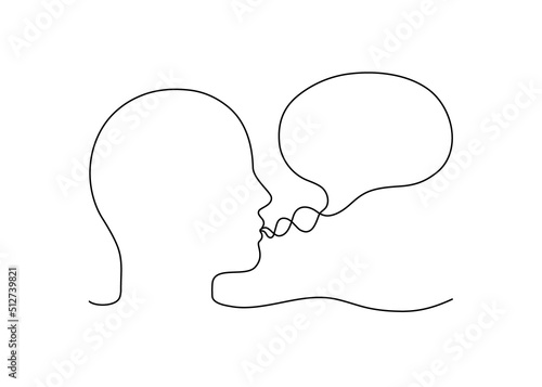 Head man talk with speech bubble outline, conversation person, speak, continuous line drawing. Graphics minimalist linear. Balloon for communication, statement. Vector illustration