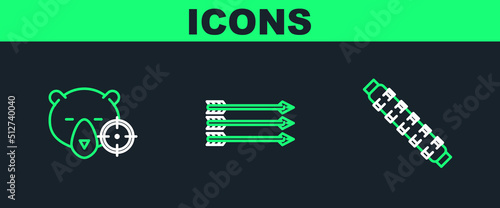 Set line Hunting cartridge belt with cartridges, on bear crosshairs and Hipster arrows icon. Vector