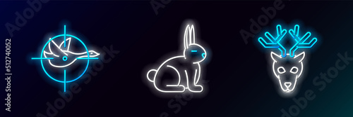 Set line Deer head with antlers, Hunt on duck crosshairs and Rabbit icon. Glowing neon. Vector
