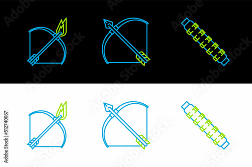 Set line Hunting cartridge belt with cartridges, Bow and fire arrow and quiver icon. Vector