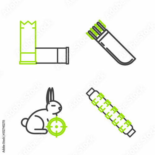 Set line Hunting cartridge belt with cartridges, on rabbit crosshairs, Quiver arrows and Cartridges icon. Vector