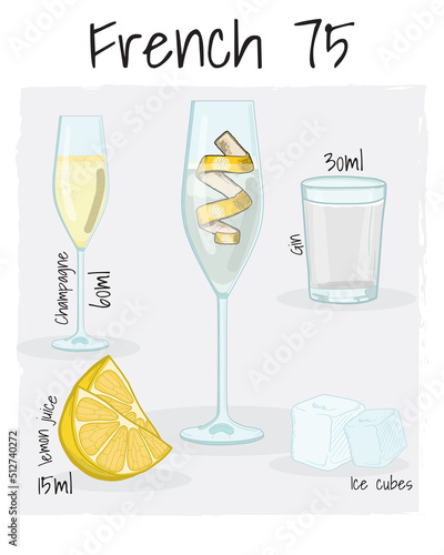 French 75 Cocktail Illustration Recipe Drink with Ingredients