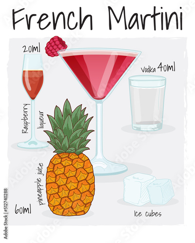 French Martini Cocktail Illustration Recipe Drink with Ingredients