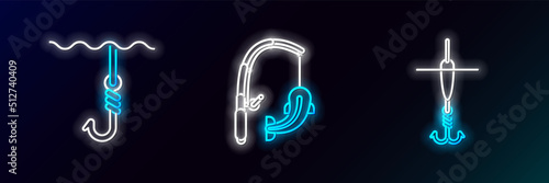 Set line Fishing hook and float, under water and rod fish icon. Glowing neon. Vector