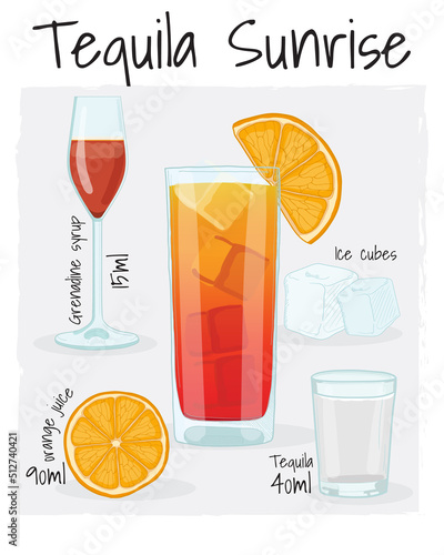 Tequila Sunrise Cocktail Illustration Recipe Drink with Ingredients