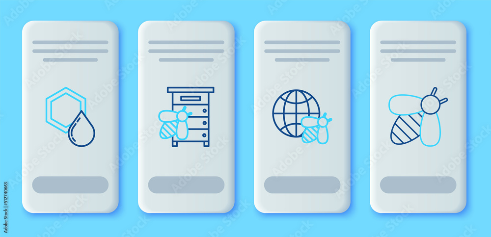 Set line Hive for bees, Honeycomb map of the world and, and Bee icon. Vector Set line Hive for bees, Honeycomb map of the world and, and Bee icon. Vector