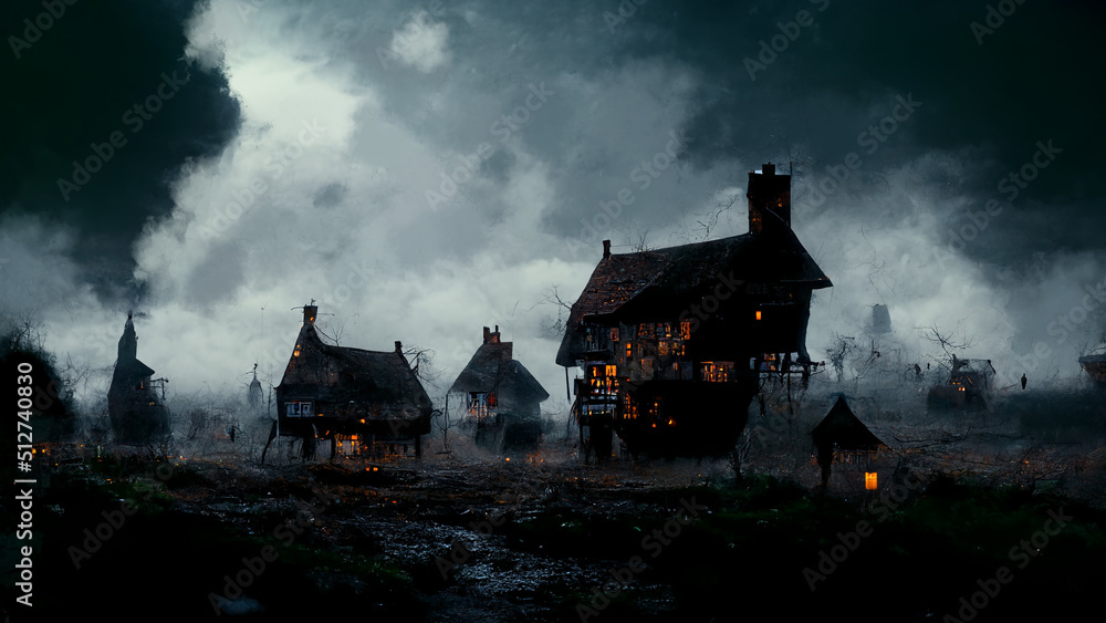 Hunted Village dark and foggy, dark village with heavy fog Halloween