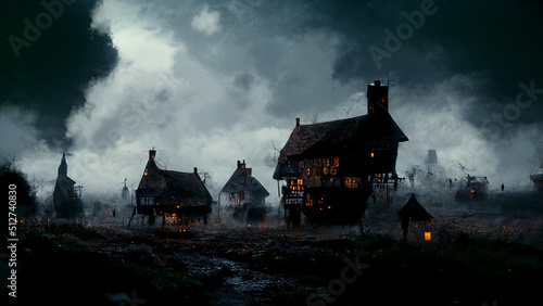 Hunted Village dark and foggy, dark village with heavy fog Halloween concept design, horror scary atmosphere of medieval style village during the black plague death  3d rendering
