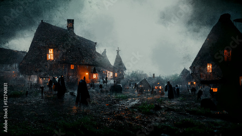 Hunted Village dark and foggy, dark village with heavy fog Halloween concept design, horror scary atmosphere of medieval style village during the black plague death  3d rendering
