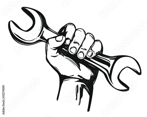 hand holding a wrench, tools icon cartoon hand drawn vector illustration sketch