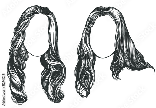 girl set, beautiful woman face, girl with beautiful hair hand drawn vector illustration sketch