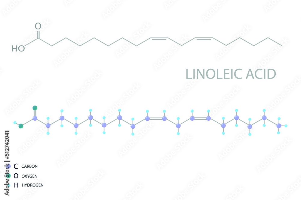 Linoleic acid molecular skeletal 3D chemical formula.	
