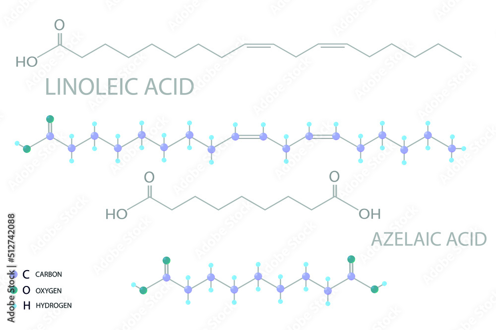 Linoleic or azelaic acid molecular skeletal 3D chemical formula.	
