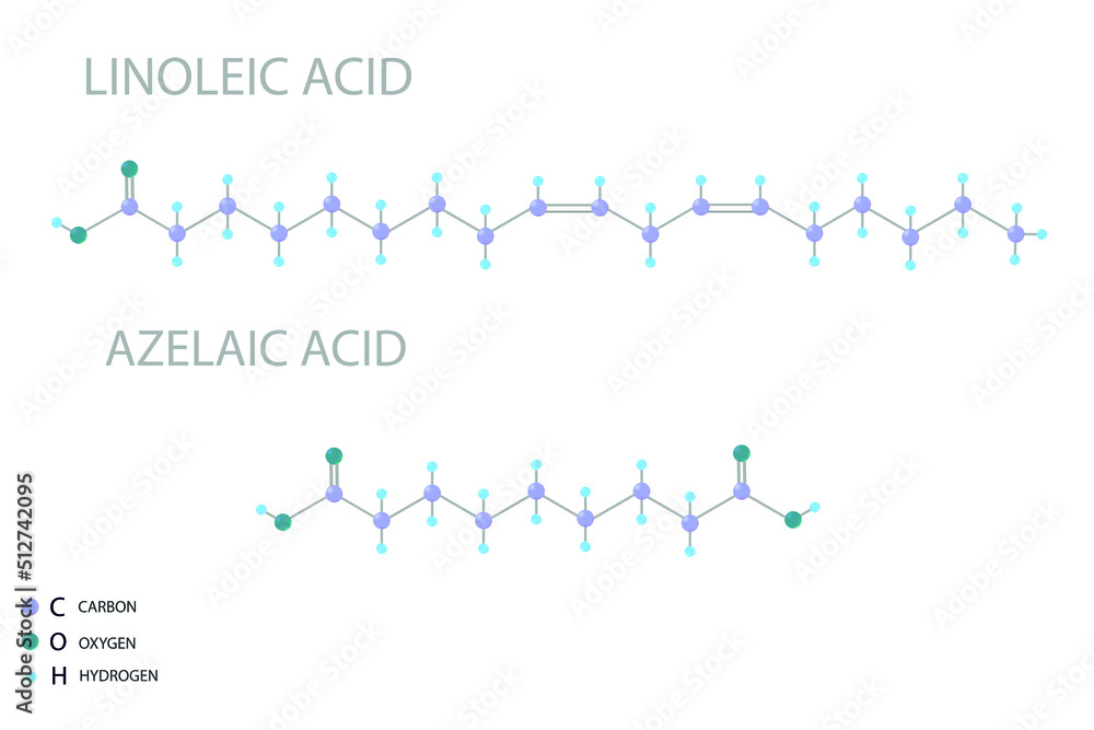 Linoleic or azelaic acid molecular skeletal 3D chemical formula.
Linoleic or azelaic acid molecular skeletal 3D chemical formula.