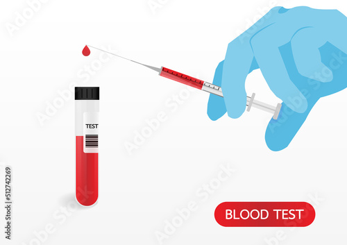 Blood in test tube with hand syringe flat design. Blood test graphic vector illustration