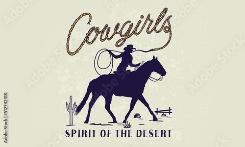 cowgirl riding horse vintage typography vector design