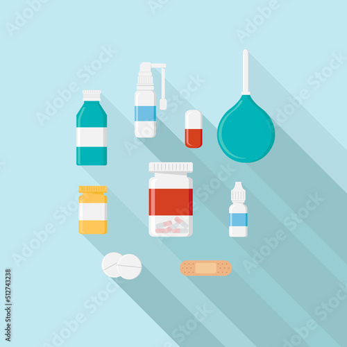 Cute cartoon lying on a table medication, pills, syrups, capsules, nasal drops, patch, syringe, medical supplies. Vector illustration of health and medical concept design