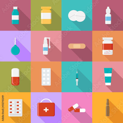 Set of medical icons with medicines, medical supplies, products. Illustration of pills, capsules, syringe, jars, enema, first aid kit, nasal drops, throat spray. Vector
