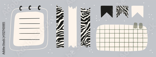 Set of Cute Scrapbook paper note and printable elements. To do list and Weekly journal planner template. Simple memo sticker. Vector illustration with zebra print