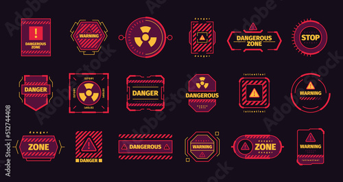 Attention frames. Ui hud templates warning red symbols attack radar alarm info garish vector illustrations