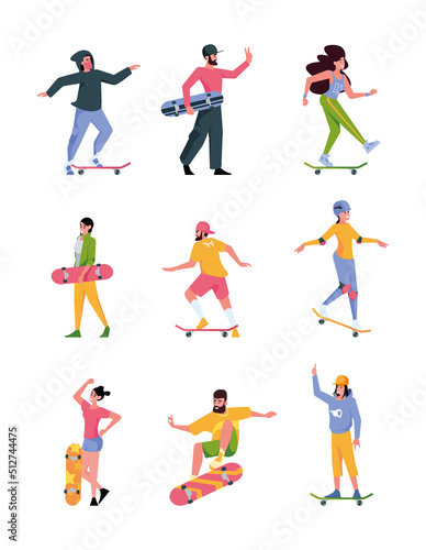 Skateboarders. Active riders teenagers jumping in action poses garish vector sport active people in casual closes