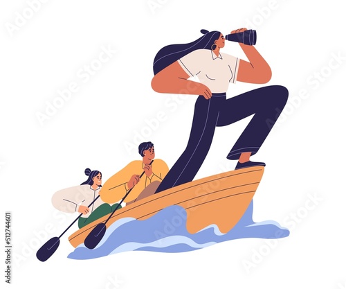 Business leader searching for new horizons, opportunities, leading boat team to goal. Leadership, strategy, vision, mission concept. Flat graphic vector illustration isolated on white background