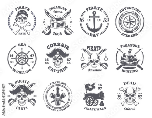 Pirate labels. Marine badges with pirate vintage weapons and elements anchor skull flag exact vector monochrome template with place for text