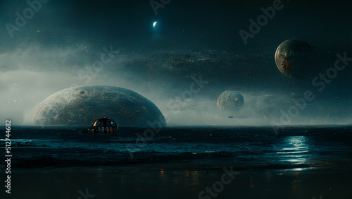 Fototapeta Naklejka Na Ścianę i Meble -  Alien world view from the ocean with moons in the background, futuristic sci fi world, dreamy landscape mind expanding and humans evolving to post humanism  