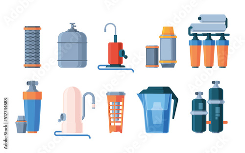 Industrial purification. Water filters wastewater treatment processes garish vector colored cartoon set