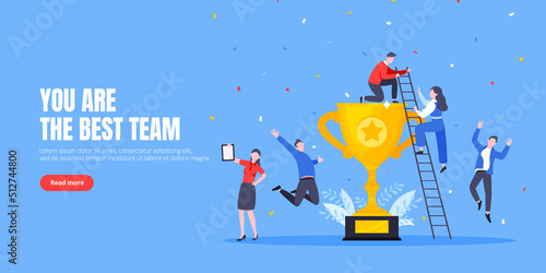 Happy business employee team winners award ceremony flat style design vector illustration. Employee recognition and best worker competition award team celebrating victory winner business concept.