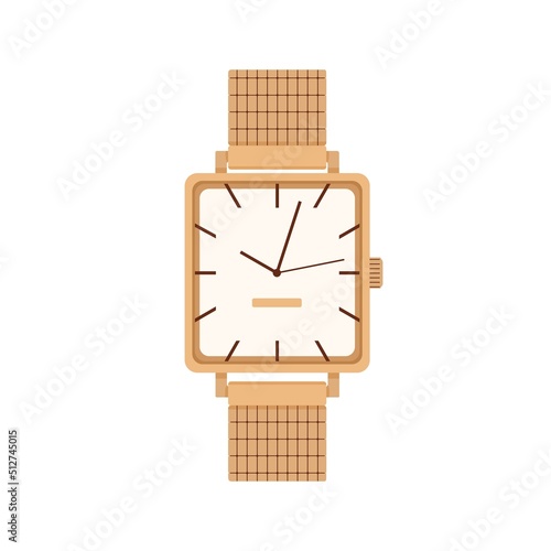 Hand wrist watch design with gold bracelet, angled dial, arrows. Elegant wris...