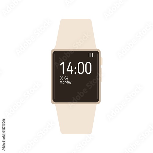 Digital hand watch. Smart watches device with screen. Electronic wristwatch, wrist clocks. Modern smartwatch with strap bracelet, display. Flat vector illustration isolated on white background