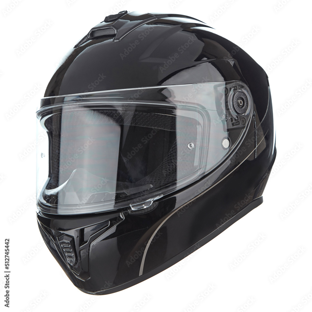 Modern motorcycle helmet made of black glossy carbon fiber, with neck