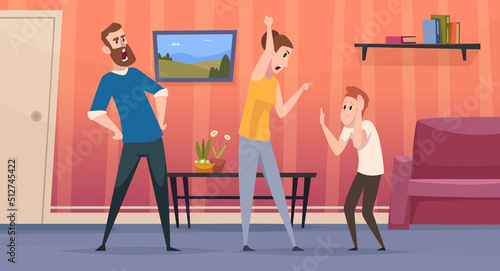 Aggressive relationship. Parents screaming to kids quarrel family exact vector cartoon background