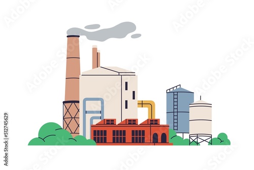 Industrial manufacturing building. Heavy industry factory. Abstract production plant structure with smoke from towers, storage tanks, reservoirs. Flat vector illustration isolated on white background