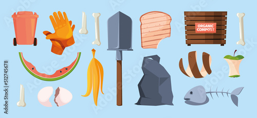Compost. Agricultural bio products for fertilizer processes garish vector compost illustrations set
