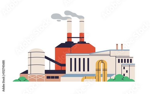 Heavy industry plant building. Energy production structure with tanks, pipes, smoke from towers. Abstract industrial factory. Chemical station. Flat vector illustration isolated on white background