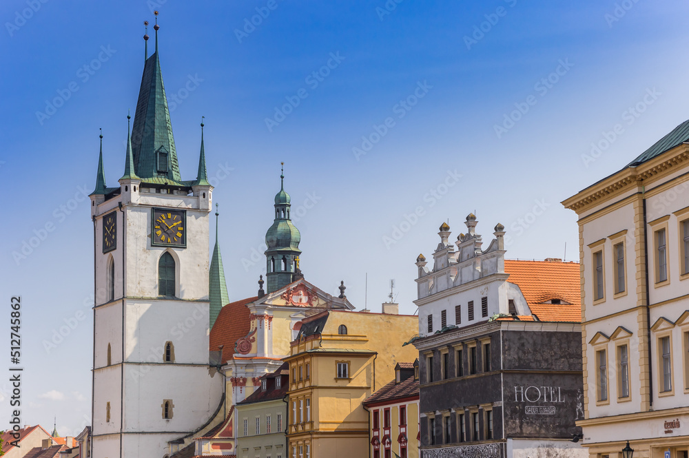 Colorful houses and tower of the All Saints church in Litomerice, Czech Republic