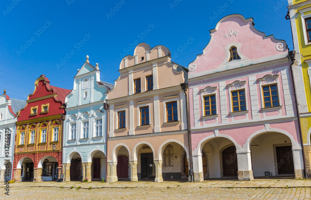 Bright colors of the historic houses at the market square of Telc, Czech Republic