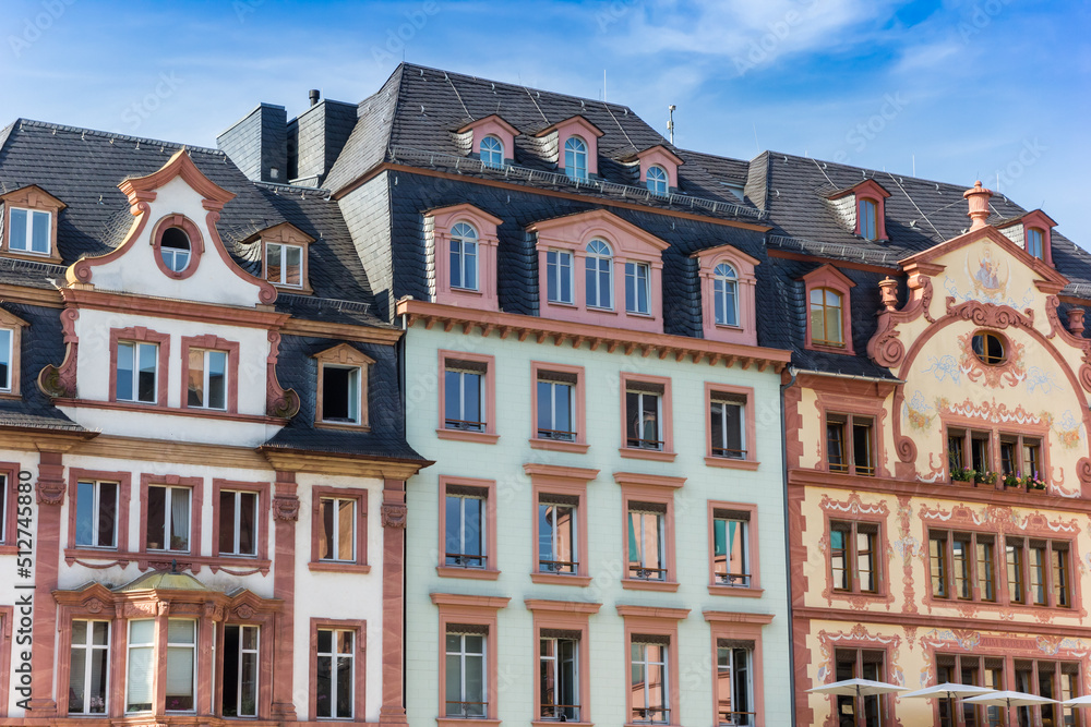 Decorated facades of old houses in on the market square of Mainz, Germany