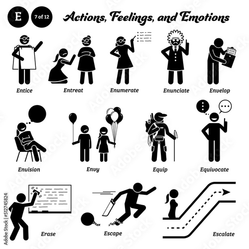 Stick figure human people man action, feelings, and emotions icons alphabet E. Entice, entreat, enumerate, enunciate, envelop, envision, envy, equip, equivocate, erase, escape, and escalate. photo